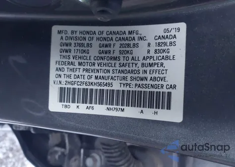 2019 Honda Civic Lx from USA, damaged, VIN 2HGFC2F63KH565495